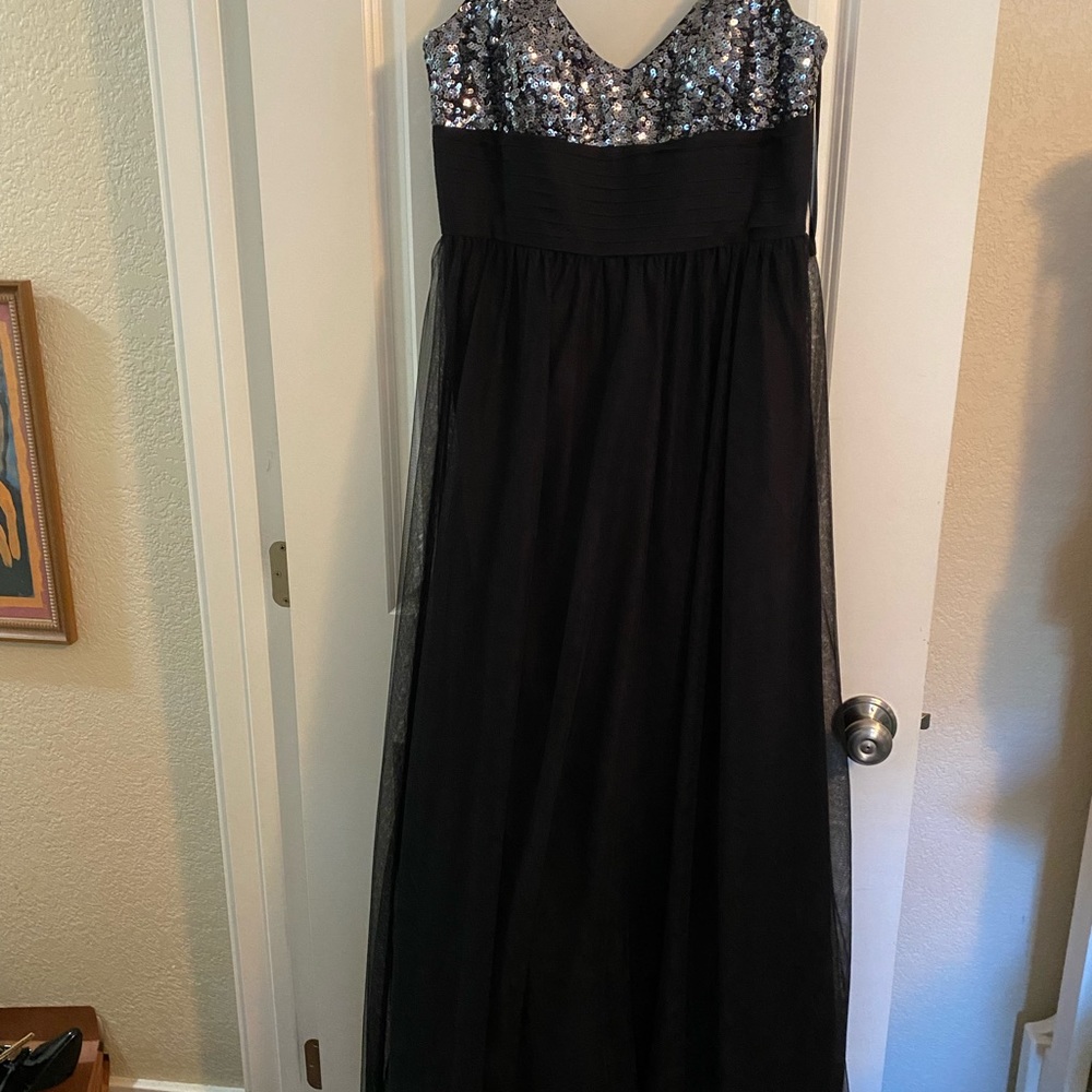 Elegant full length ball gown with sequin bodice, layered tulle skirt